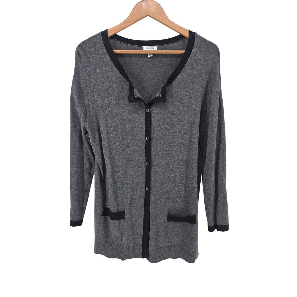 Susina Cardigan Sweater Womens Large Gray Black Trim V-Neck Button Front Viscose